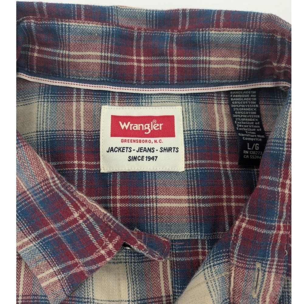 Wrangler Western Plaid Flannel Shirt Men Large Long Sleeve Snap Button Red Beige - Picture 3 of 9